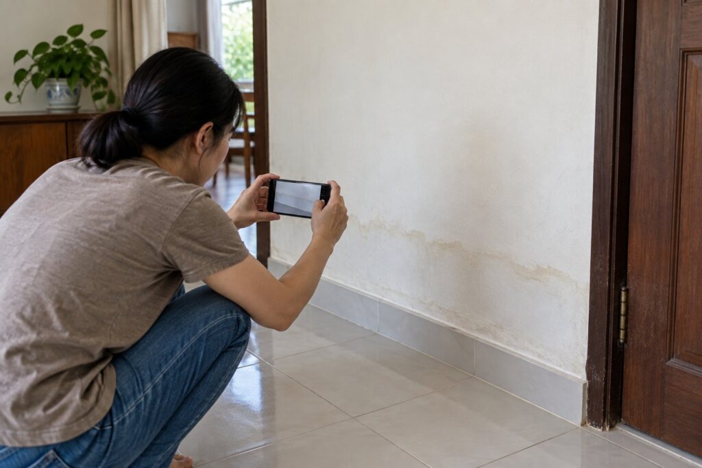 ภาพจำลองเจ้าของบ้านถ่ายภาพคราบแนวนอนบริเวณผนังส่วนล่าง