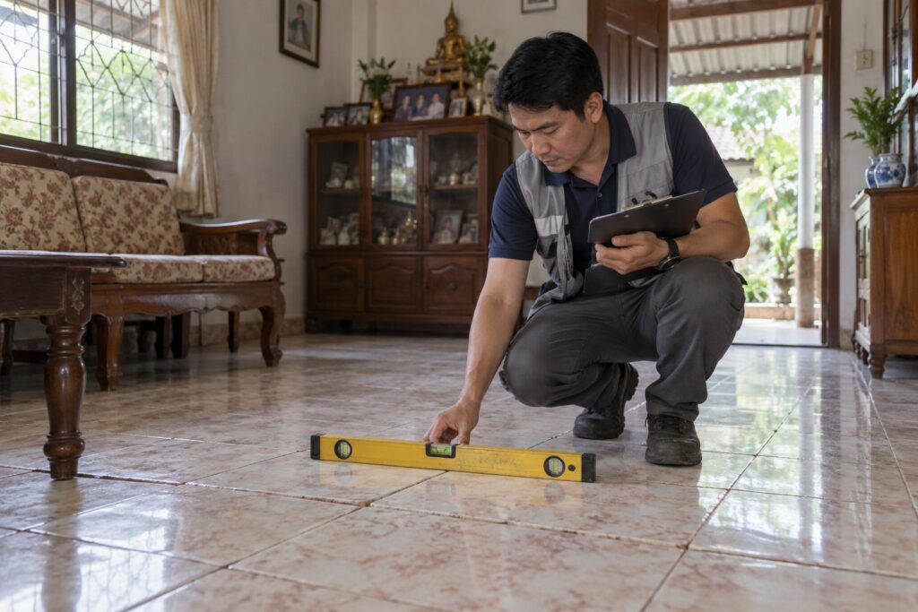 ภาพจำลองผู้ตรวจใช้ระดับน้ำสำรวจพื้นกระเบื้องบ้านมือสอง