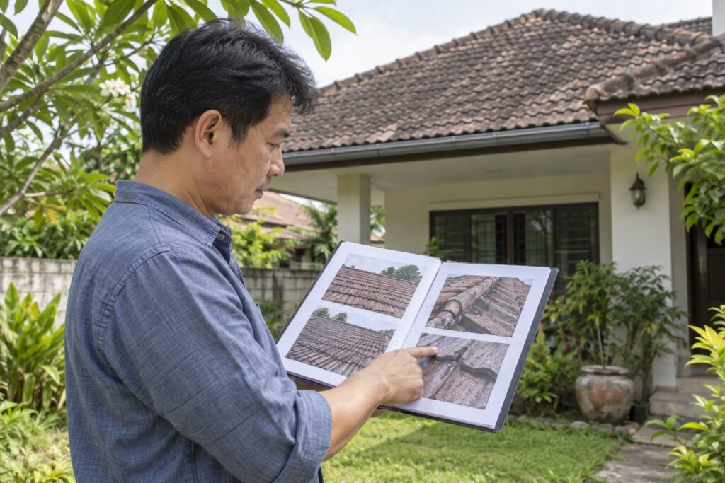 ภาพจำลองเจ้าของบ้านทบทวนภาพหลังคาโดยยืนในสวน