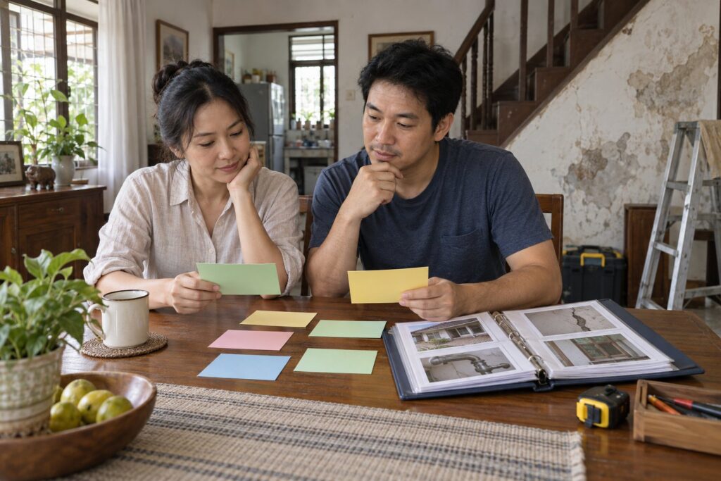 ภาพจำลองเจ้าของบ้านจัดลำดับงานซ่อมด้วยแฟ้มและบัตรสี