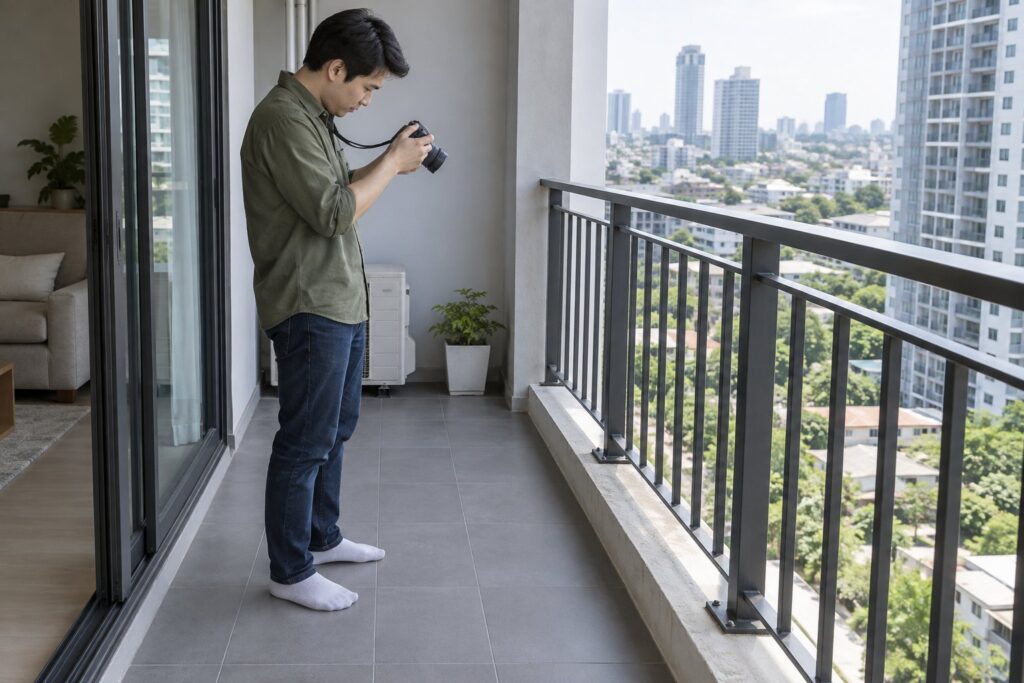 ภาพจำลองผู้พักอาศัยถ่ายภาพราวระเบียงจากด้านในอย่างปลอดภัย