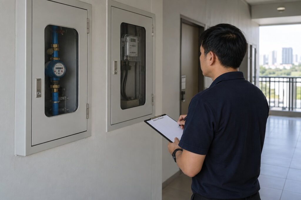 ภาพจำลองการเทียบข้อมูลมิเตอร์น้ำและไฟในจุดบริการคอนโด