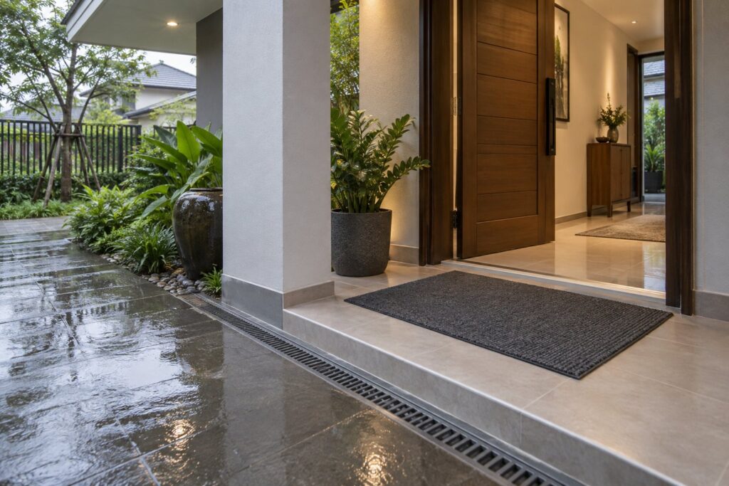ภาพจำลองทางเข้าบ้านหลังฝนที่จัดพรมเรียบและเปิดทางระบายน้ำ
