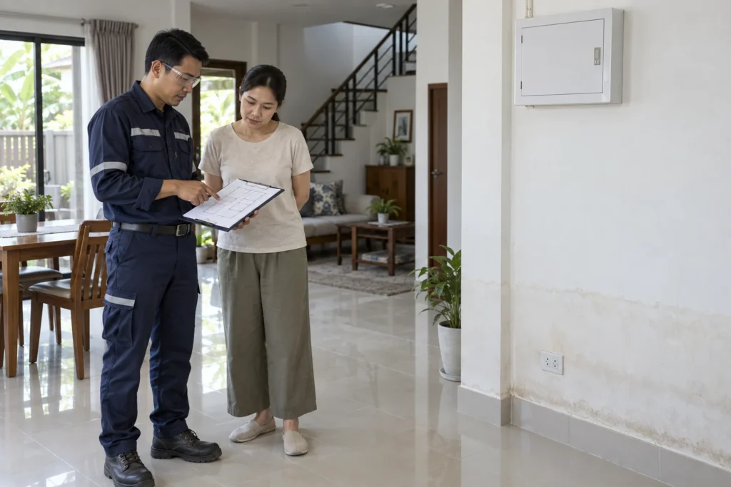 ภาพประกอบช่างกับเจ้าของบ้านทบทวนผังระบบไฟหลังน้ำท่วมโดยไม่สัมผัสอุปกรณ์
