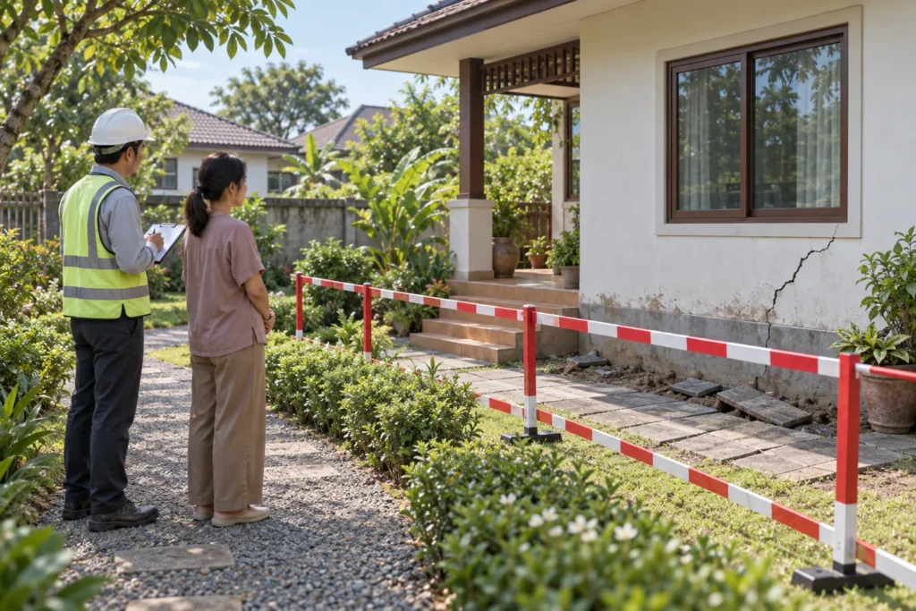 ภาพประกอบผู้ตรวจและเจ้าของบ้านสำรวจรอยร้าวกับพื้นทรุดจากนอกเขตกั้น