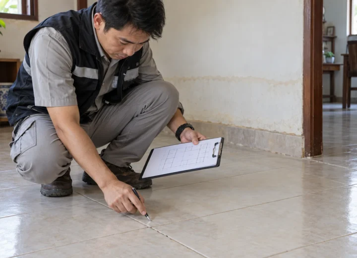 กระเบื้องเสียงกลวงหลังน้ำท่วม: แปลผลร่วมกับรอยแตกร้าวและประวัติเดิม